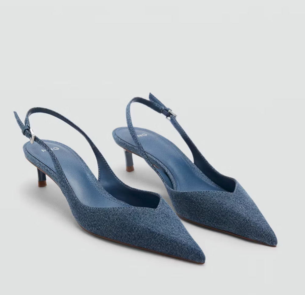 NWT MANGO MNG BLUE DENIM HIGH HEELED KITTEN HEELS SLINGBACK SHOES SZ 39 8.5
